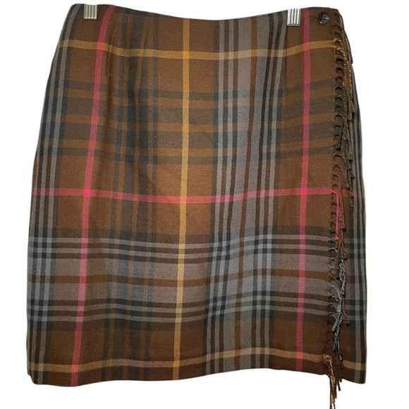 Chelsea Campbell 100% Wool Plaid Wrap Skirt Fringe Detail Brown Tartan Size 8P - Picture 2 of 5